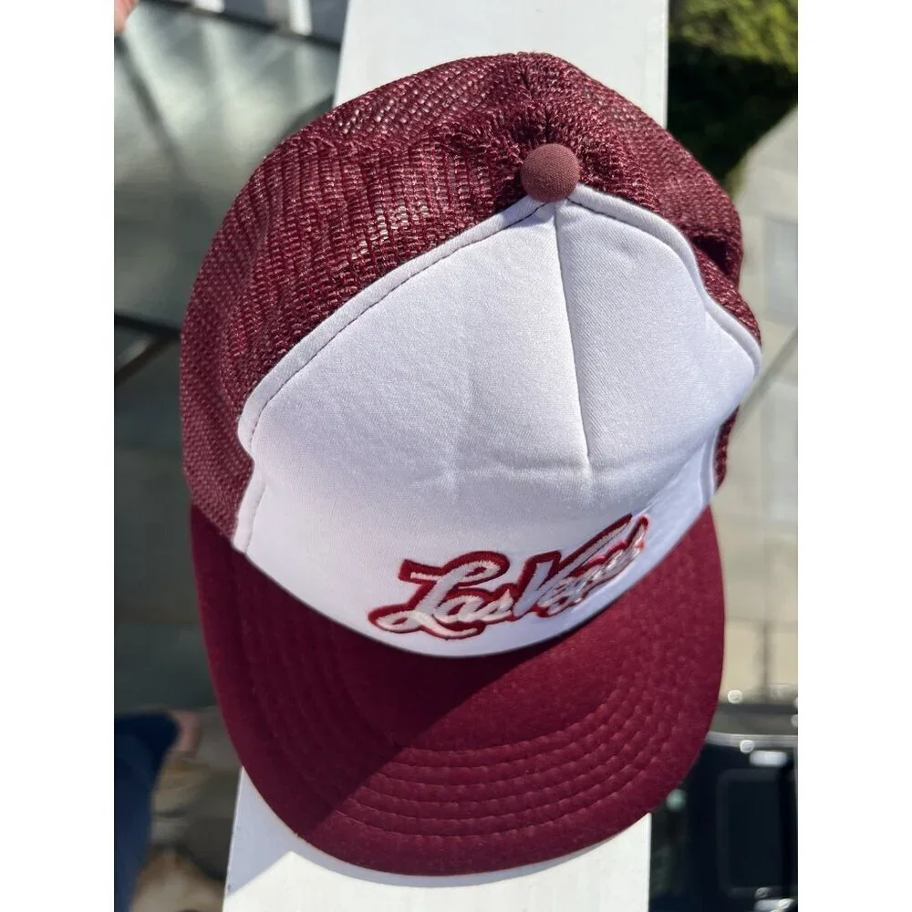 Vintage 70s Las Vegas Nevada embroidered scripted maroon mesh trucker hat